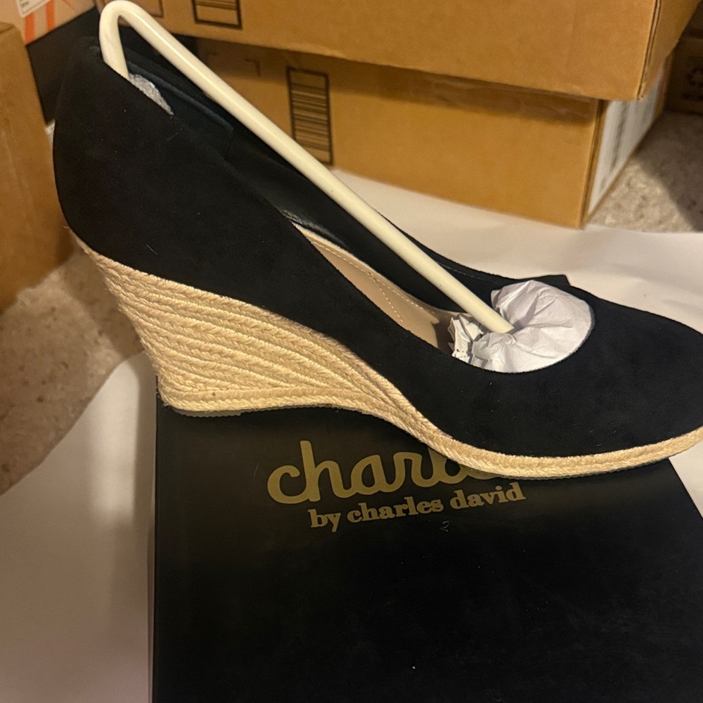 Charles by Charles David  Glider Black Suede Espadrille Wedge Pumps